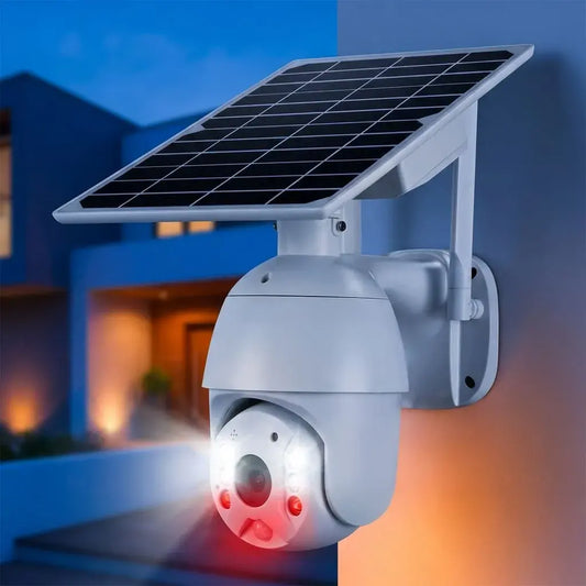 Cámara de seguridad WiFi exterior con panel solar, visión nocturna y micrófono integrado. Control remoto desde celular y soporte micro-SD.