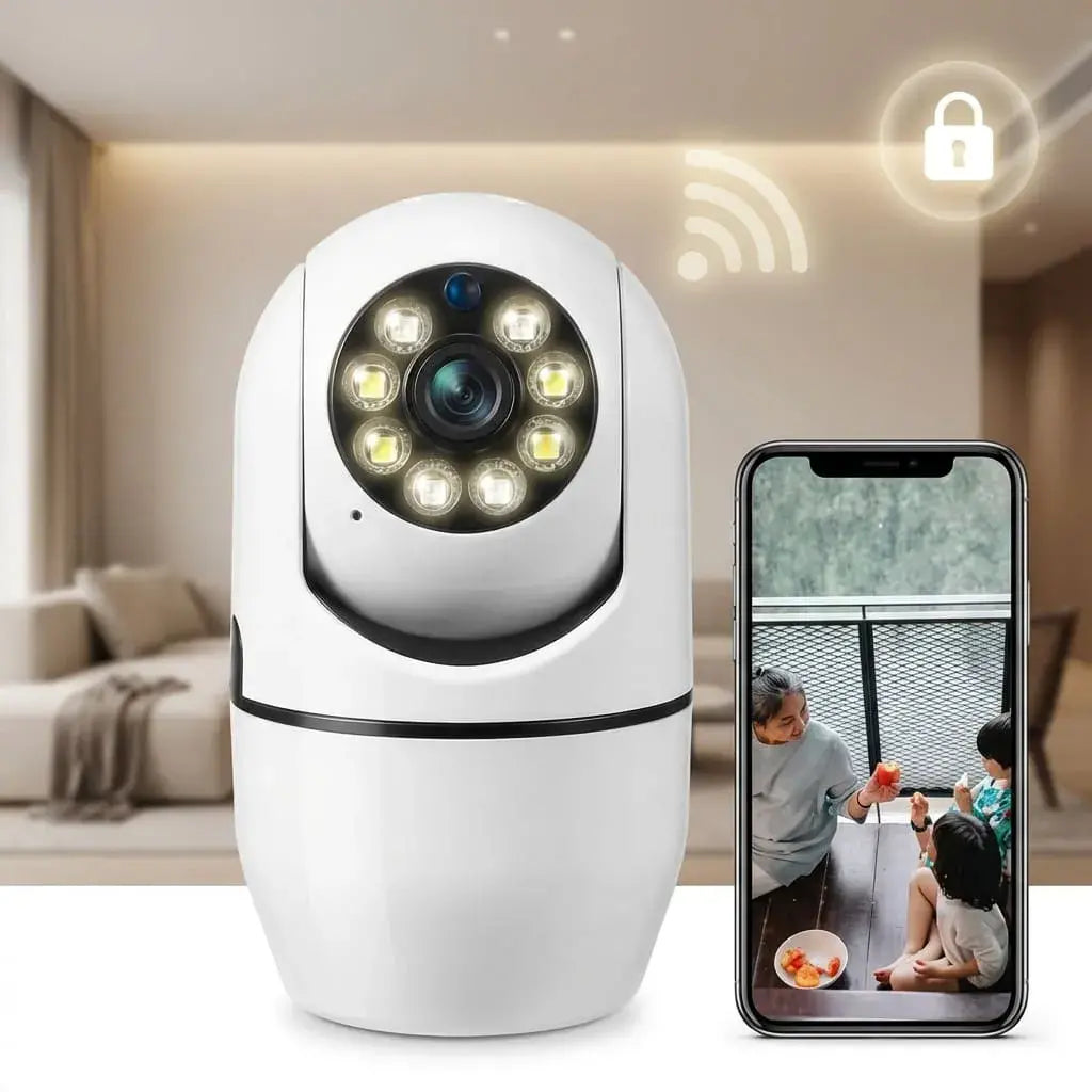 Cámara de seguridad Wifi 1080P para interiores con visión nocturna, audio bidireccional y movimiento 355°. Monitoreo desde el celular.