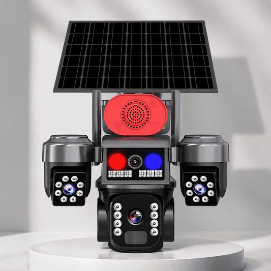 Cámara de seguridad solar WiFi con tres lentes, vista triple, domo 360°, visión nocturna, audio bidireccional, sensor de movimiento y alarma.