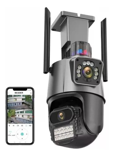 Cámara de seguridad WiFi doble lente PTZ con visión nocturna a color, detección humana por IA, audio bidireccional, alarma luminosa, protección IP66 y app ICSEE para interior o exterior.