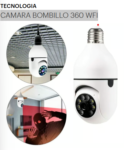 Cámara bombillo WiFi 360° Full HD con visión nocturna, audio bidireccional y detección de movimiento. Seguridad discreta e inteligente para el hogar.