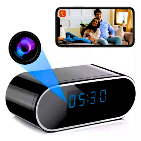 Cámara de seguridad tipo reloj despertador WiFi Full HD 2K con visión nocturna, detección de movimiento y control remoto desde app móvil.