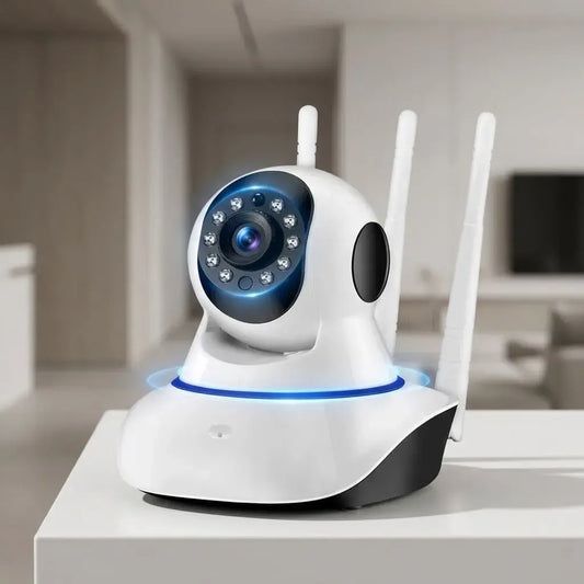 Cámara de seguridad WiFi 360 HD para hogar o negocio, con visión nocturna, detección de movimiento, audio bidireccional, doble antena y soporte microSD hasta 64GB.