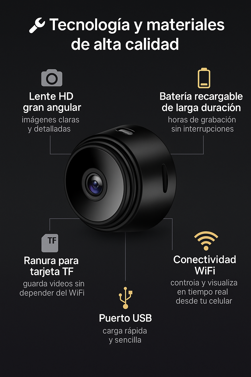 Cámara mini A9 WiFi HD portátil con visión nocturna y monitoreo en tiempo real desde el celular. Fácil instalación y uso en hogar u oficina