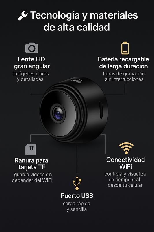 Cámara mini A9 WiFi HD portátil con visión nocturna y monitoreo en tiempo real desde el celular. Fácil instalación y uso en hogar u oficina
