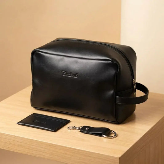 Combo para caballero con neceser, portadocumentos y llavero en cuero. Accesorios elegantes y funcionales para viajes, oficina, uso diario o regalo.