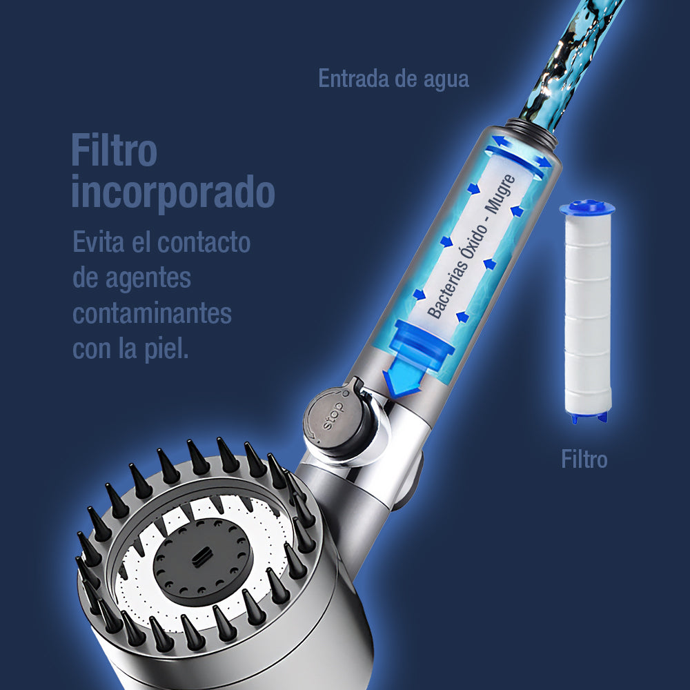 Cabezal de ducha con filtro purificador y 3 modos de agua. Diseño ergonómico, fácil instalación y alta presión para mayor comodidad.