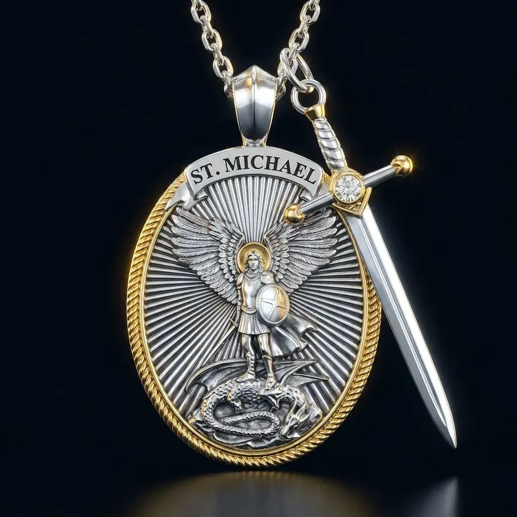 Cadena San Miguel Arcángel DROPS, collar religioso unisex con medalla devocional en aleación metálica para uso diario, fe y estilo sobrio.