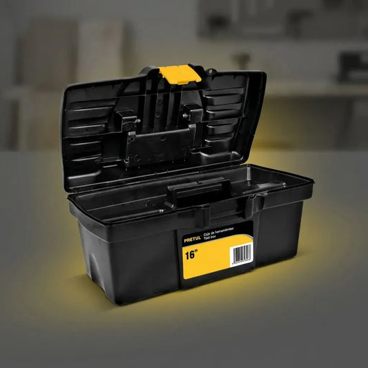 Caja de herramientas 16 pulgadas con doble compartimento y asa ergonómica. Resistente, práctica y ideal para uso profesional o doméstico.