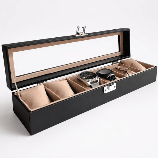 Caja relojera de lujo para seis relojes, fabricada en cuero sintético y madera, con tapa transparente, interior suave y broche de seguridad.