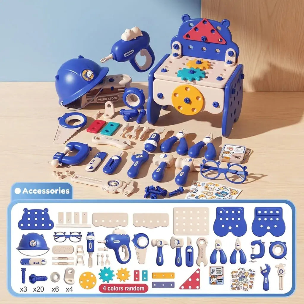 Caja de Herramientas Infantil Tipo Montessori con 92 piezas, taladro a pilas, tornillos, accesorios y tarjetas para actividades de construcción y juego creativo.