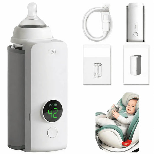 Calentador portátil recargable para biberones, ideal para calentar leche o fórmula durante viajes, paseos y uso diario.