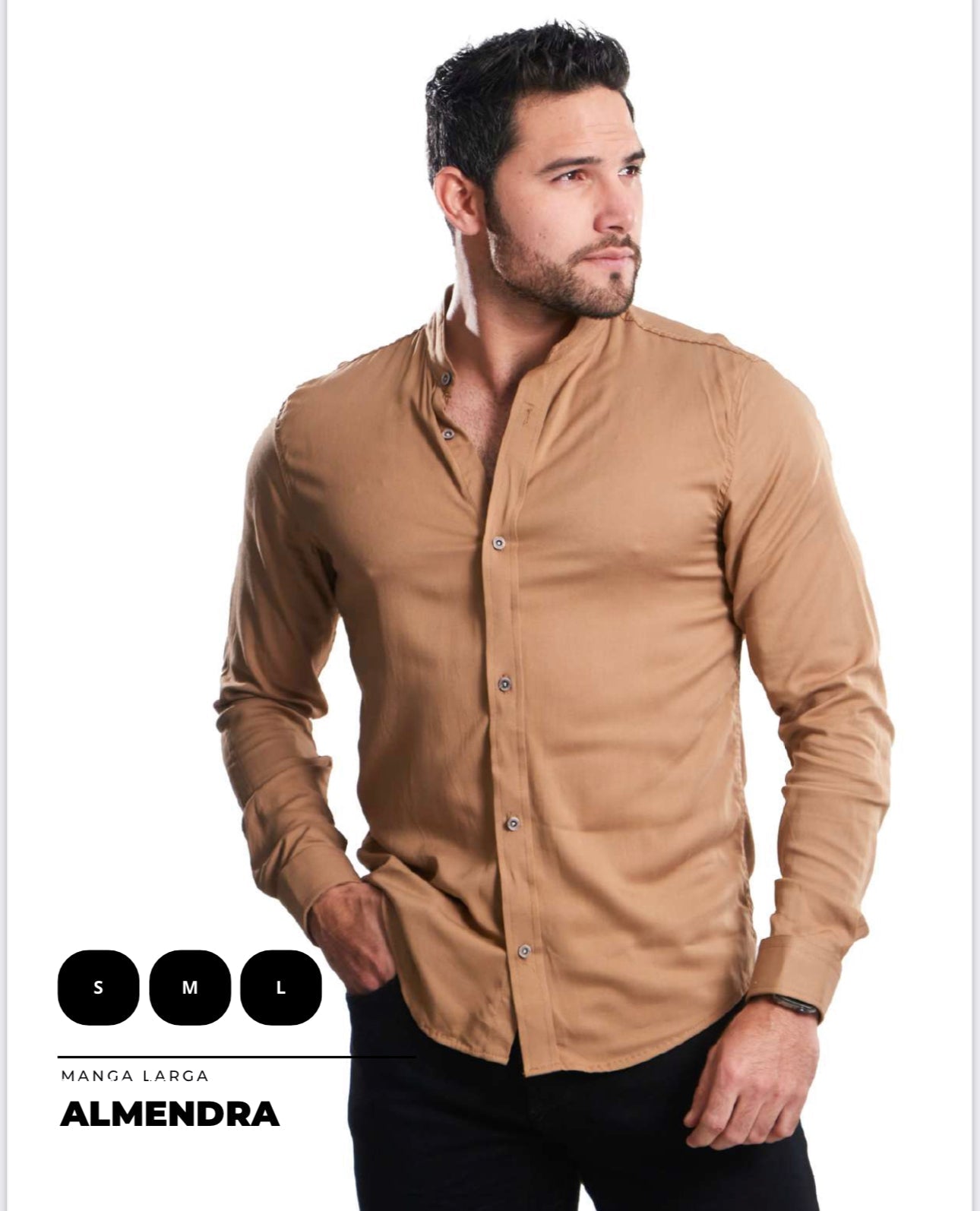 Camisa para hombre cuello Neru en seda mango clásica, talla única adaptable de S a XXL. Diseño elegante con envío rápido en Colombia.