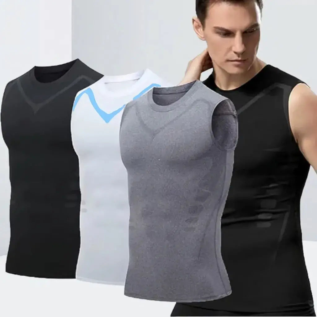 Camisilla Ionfit Pro en lycra nylon con ajuste ceñido, soporte ligero en abdomen y torso, estampado tipo iones y diseño discreto para uso diario.