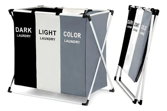 Canasta organizadora para ropa sucia X3 compartimentos en tela Oxford impermeable, con estructura de aluminio, diseño plegable, asas reforzadas y uso interior en hogar, baño o dormitorio.
