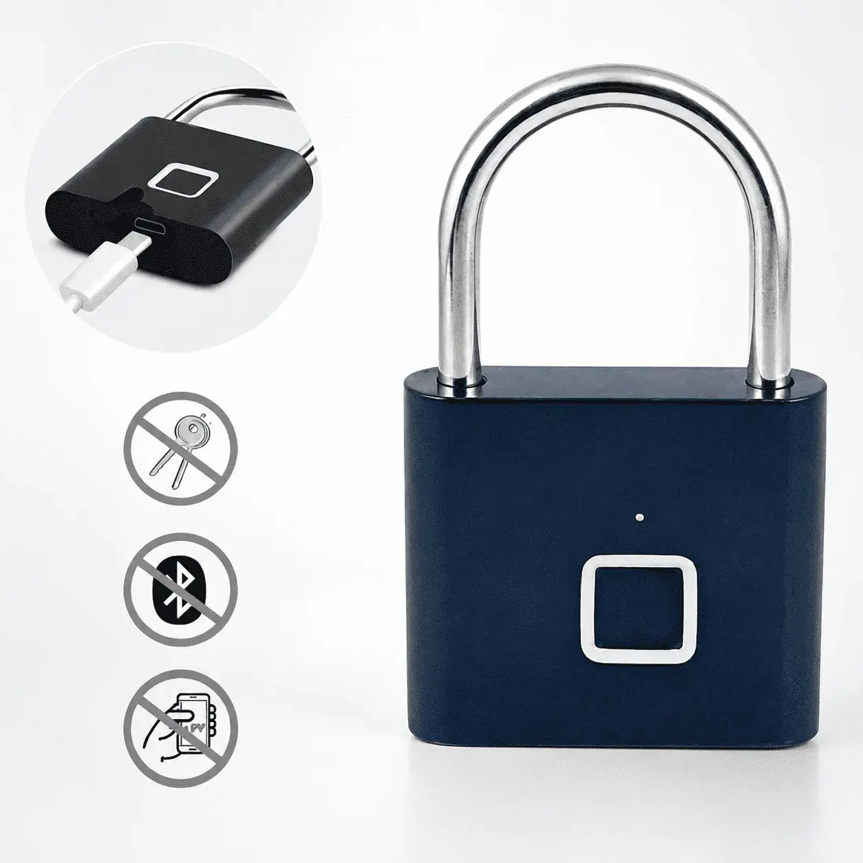Candado biométrico con huella digital, batería recargable USB y capacidad para 10 huellas. Ideal para maletas, lockers, mochilas y casilleros.