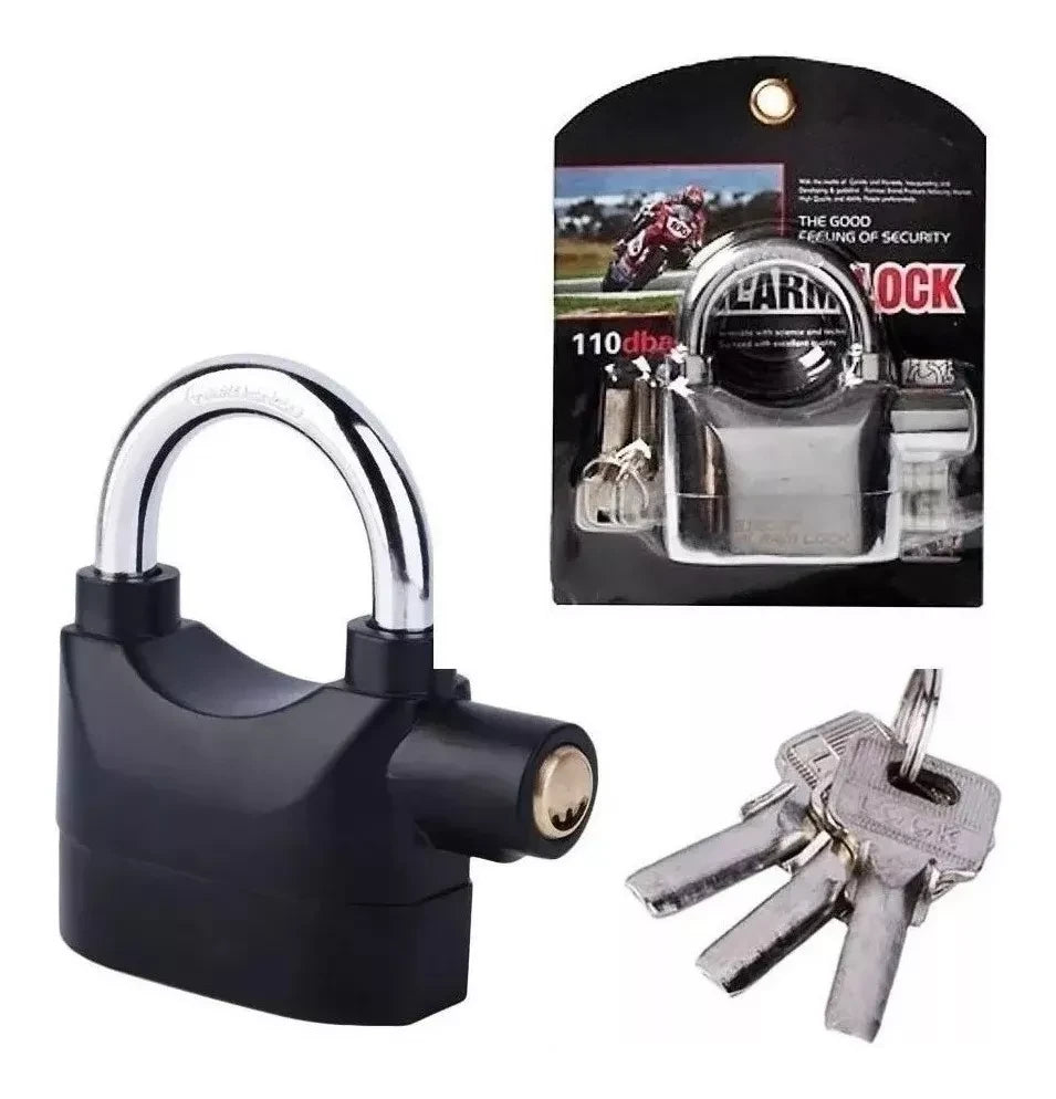 Candado con alarma de 110 dB para moto, bicicleta, puertas y portones. Fabricado en aleación de zinc, resistente al agua, con sistema de llaves e incluye 3 llaves.
