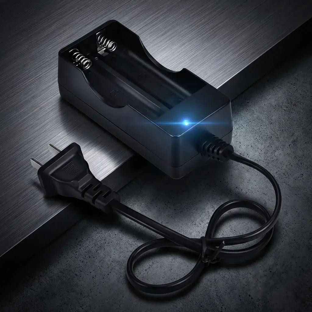 Cargador alámbrico doble para pilas recargables AA y AAA con indicador LED. Práctico, compacto y seguro para uso en casa u oficina.