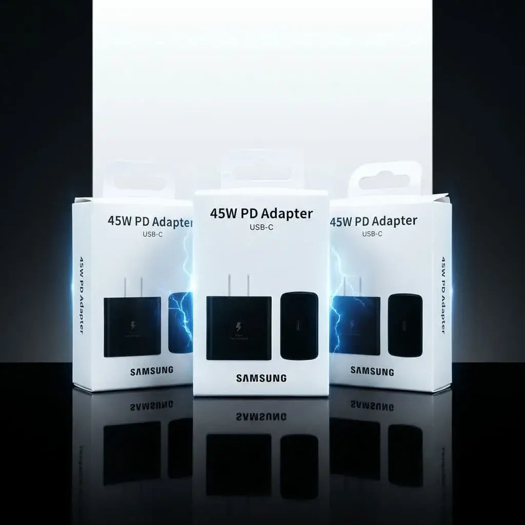 Adaptador de poder 45W Tipo C compatible Samsung. Cargador rápido para celular y tablet con diseño compacto y carga eficiente.