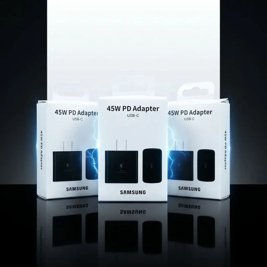 Adaptador de poder 45W Tipo C compatible Samsung. Cargador rápido para celular y tablet con diseño compacto y carga eficiente.