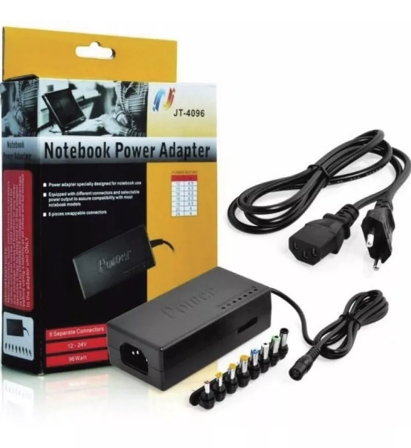 Cargador universal para portátil MY-120W de 120W con voltaje ajustable de 12V a 24V, 8 conectores intercambiables, indicador LED y protección contra sobrecargas.