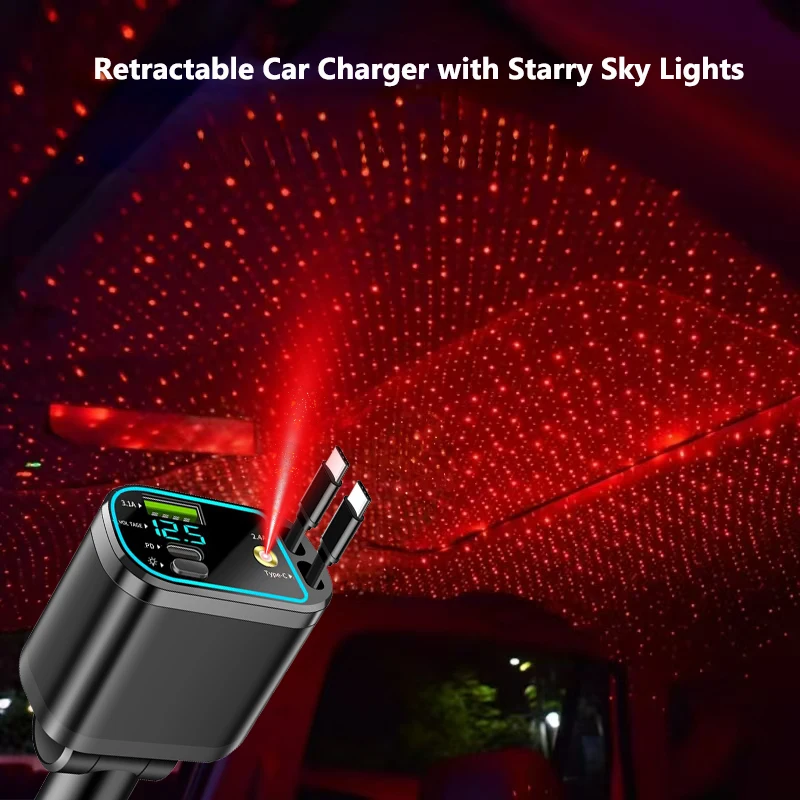 Cargador de carro retráctil 4 en 1 con proyector láser ambiental, pantalla digital LED y carga rápida PD QC para iPhone, Android y dispositivos USB.