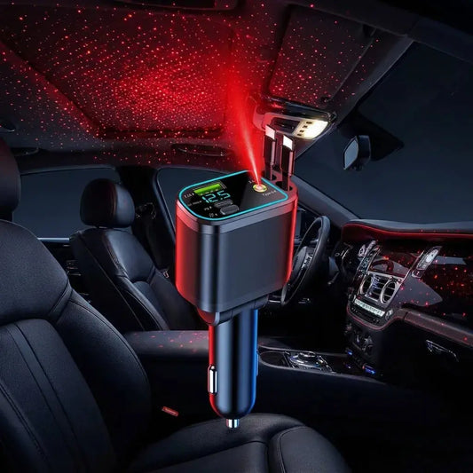 Cargador de carro retráctil 4 en 1 con proyector láser ambiental, pantalla digital LED y carga rápida PD QC para iPhone, Android y dispositivos USB.