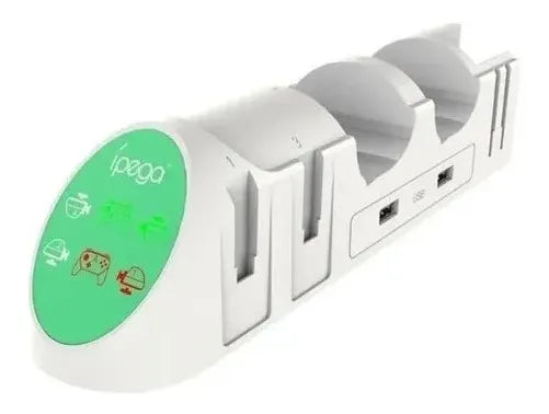 Cargador iPega PG-9187 para Nintendo Switch con soporte para 4 Joy-Con y 2 controles Pro, indicadores LED, conexión USB 2.0 y alimentación desde Dock.