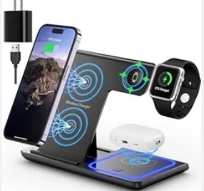 Cargador inalámbrico 3 en 1 para celular, reloj y audífonos. Carga rápida, diseño moderno y compatible con tecnología Qi y MagSafe.