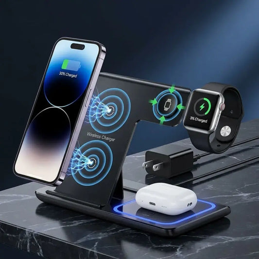 Cargador inalámbrico 3 en 1 para celular, reloj y audífonos. Carga rápida, diseño moderno y compatible con tecnología Qi y MagSafe.