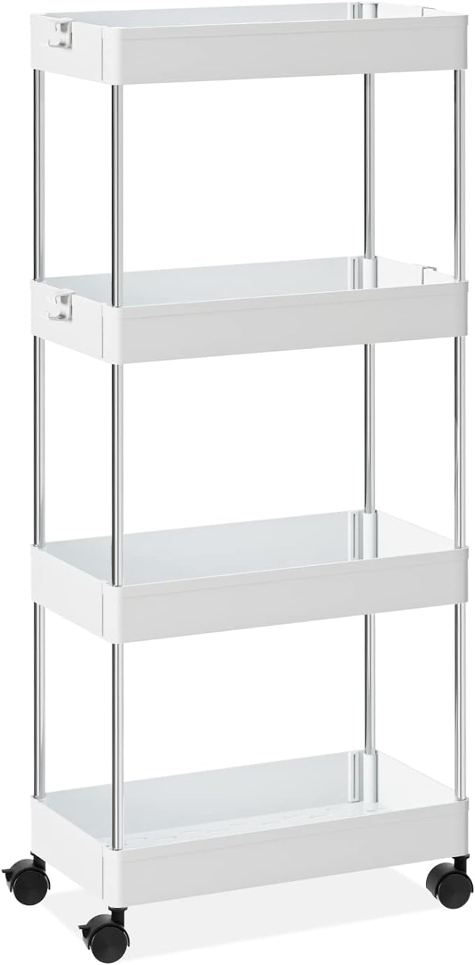 Carrito organizador 4 niveles con ruedas giratorias, estantes ajustables y diseño compacto para hogar u oficina.