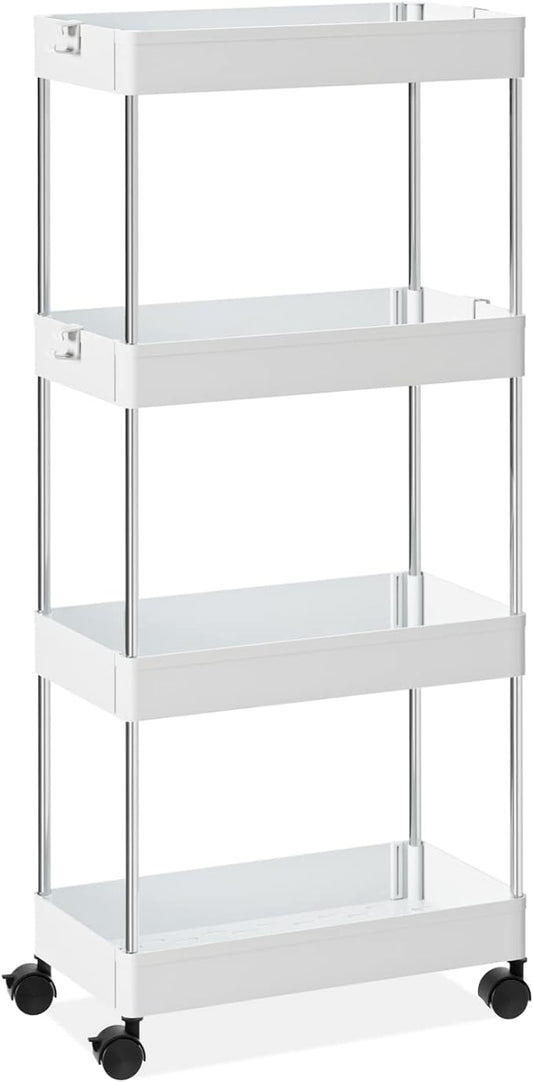Carrito organizador 4 niveles con ruedas giratorias, estantes ajustables y diseño compacto para hogar u oficina.
