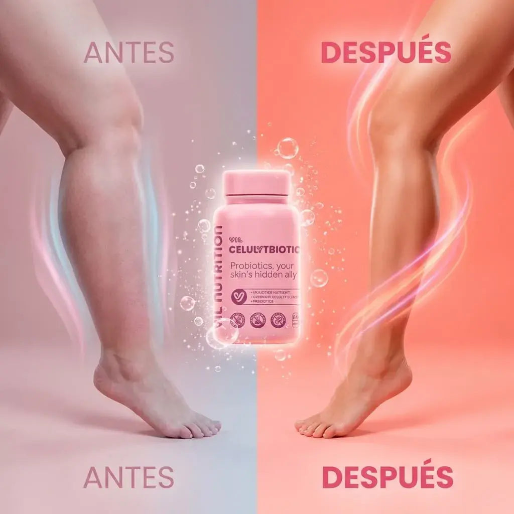 Cápsulas probióticas veganas con extractos naturales que apoyan el bienestar de la piel y el equilibrio corporal desde el intestino.