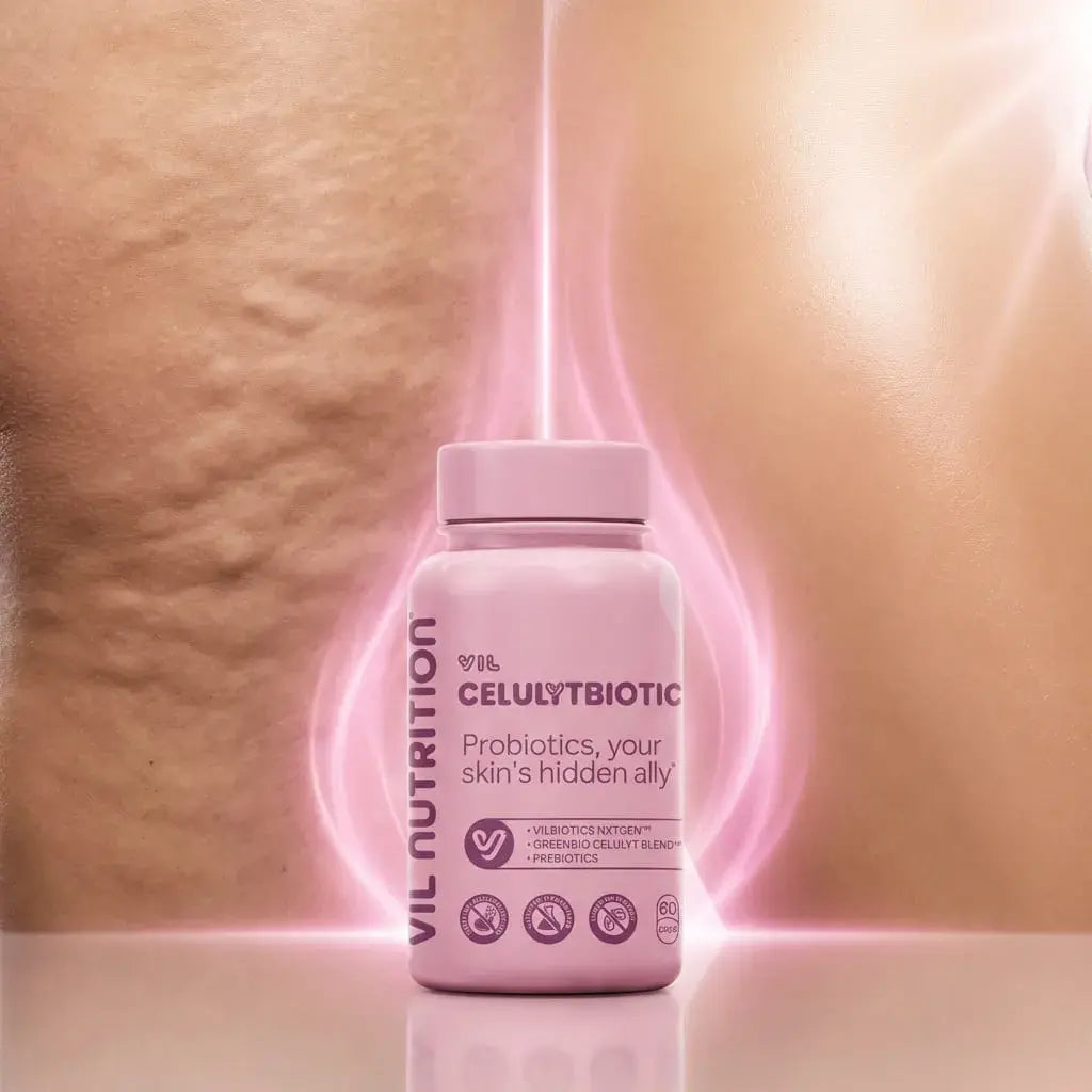 Cápsulas probióticas veganas con extractos naturales que apoyan el bienestar de la piel y el equilibrio corporal desde el intestino.