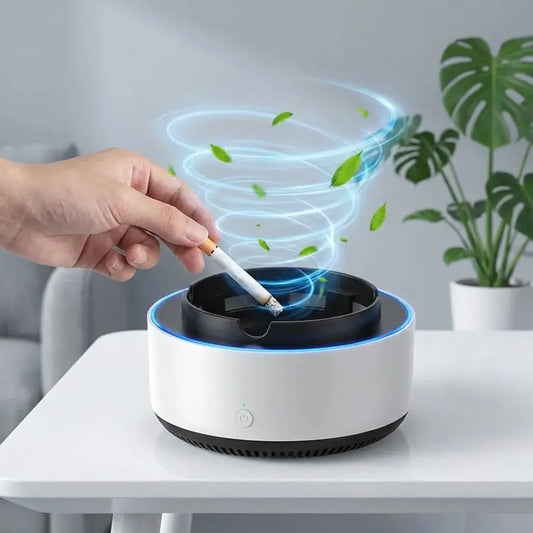 Cenicero eléctrico multifuncional con filtro interno y opción de aromaterapia. Ayuda a reducir olores y mejora el ambiente en espacios cerrados.