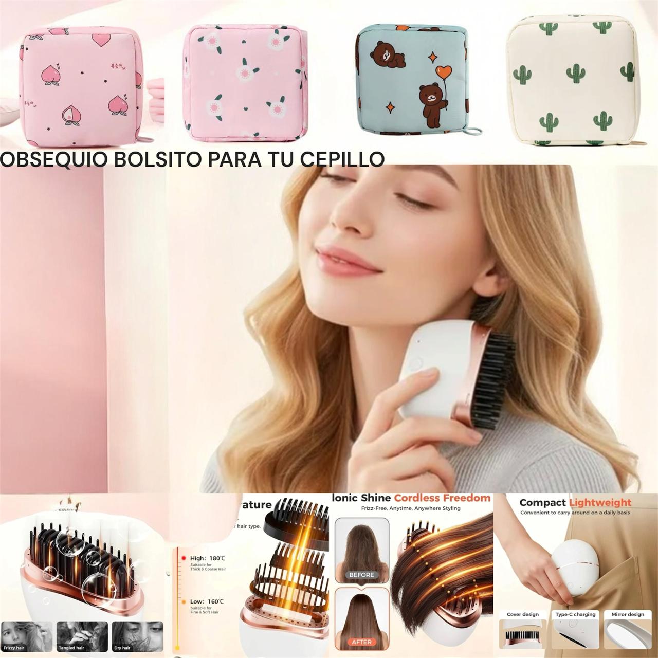 Cepillo alisador inalámbrico mini recargable USB con 3 niveles de temperatura. Ideal para alisar, controlar frizz y hacer retoques en casa o viajes.