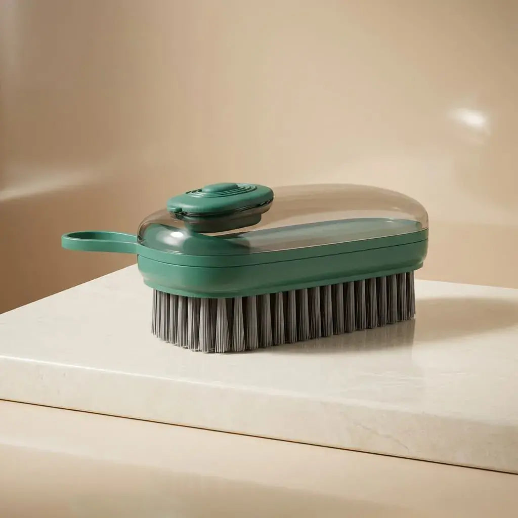 Cepillo de limpieza con dispensador de jabón integrado. Recargable, ergonómico y multifuncional para cocina, baño y hogar.