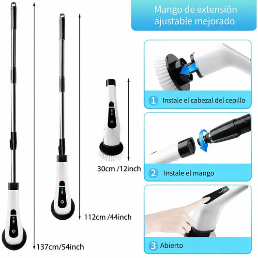 Cepillo Eléctrico de limpieza 8 en 1 con mango extensible de hasta 137 cm y cabezales para baño, cocina, pisos, vidrios, muebles y carro.
