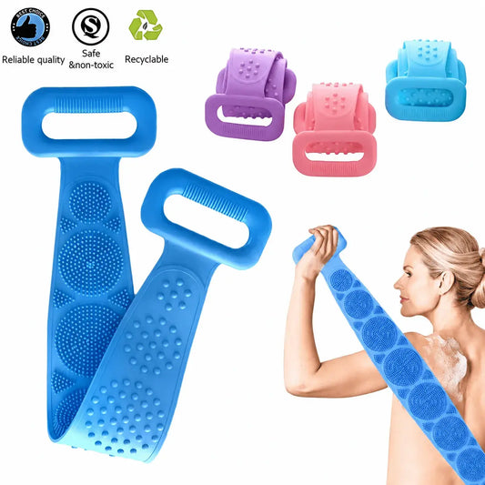 Cepillo exfoliante corporal de silicona de 70 cm con diseño de doble cara, ideal para limpiar y masajear espalda, cuello, brazos y piernas.