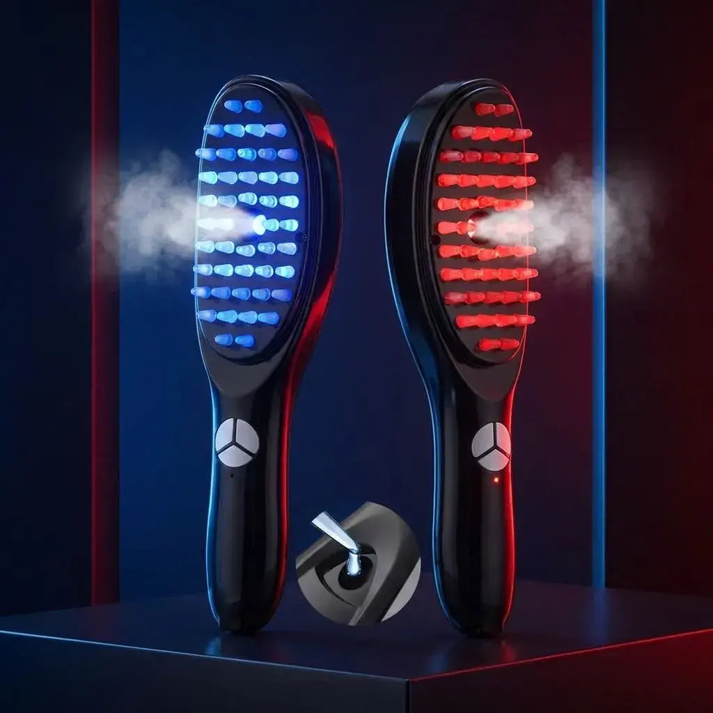 Cepillo Masajeador capilar inteligente con luz LED roja y azul, vibración, nano atomización y batería recargable para complementar el cuidado diario del cuero cabelludo.