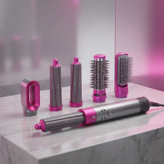 Cepillo secador voluminizador 5 en 1 de aire caliente con cinco accesorios intercambiables para secar, alisar, rizar y dar volumen al cabello desde casa.
