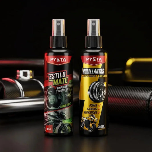 Combo de cera efecto mate en aerosol y cera brilladora protectora para llantas de carro y moto, ideal para limpieza y acabado profesional.