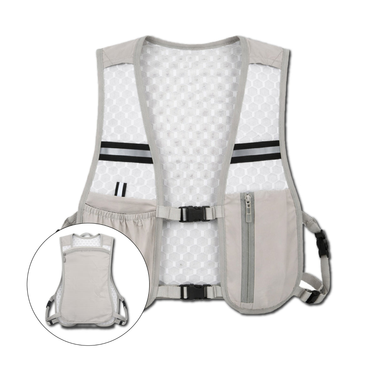 Chaleco tipo mochila para trotar, ligero y transpirable, con correas ajustables y bolsillos frontales para celular, llaves y botella. Manos libres para trote, caminata y entrenamiento. 38 x 28 cm.