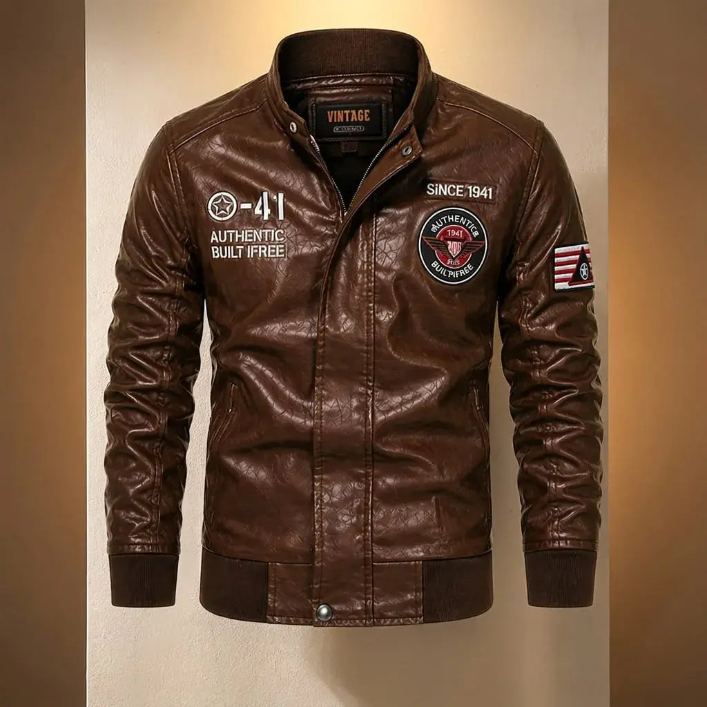 Chaqueta aviadora para hombre 1-41 de fabricación colombiana, con forro interno, bordados, estampados, bolsillo funcional, cierres resistentes y acabado premium.