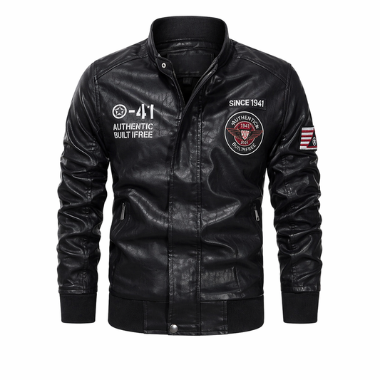 Chaqueta aviadora para hombre 1-41 de fabricación colombiana, con forro interno, bordados, estampados, bolsillo funcional, cierres resistentes y acabado premium.