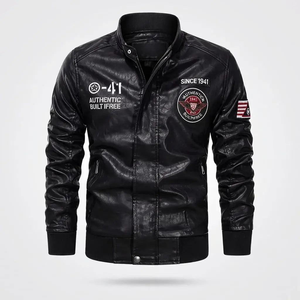 Chaqueta aviadora para hombre 1-41 de fabricación colombiana, con forro interno, bordados, estampados, bolsillo funcional, cierres resistentes y acabado premium.