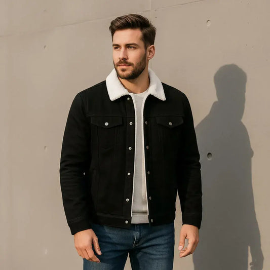Chaqueta para hombre en gamuza suave con forro ovejero térmico. Disponible en tallas S a XL con envío rápido en Colombia. Ideal para clima fresco.