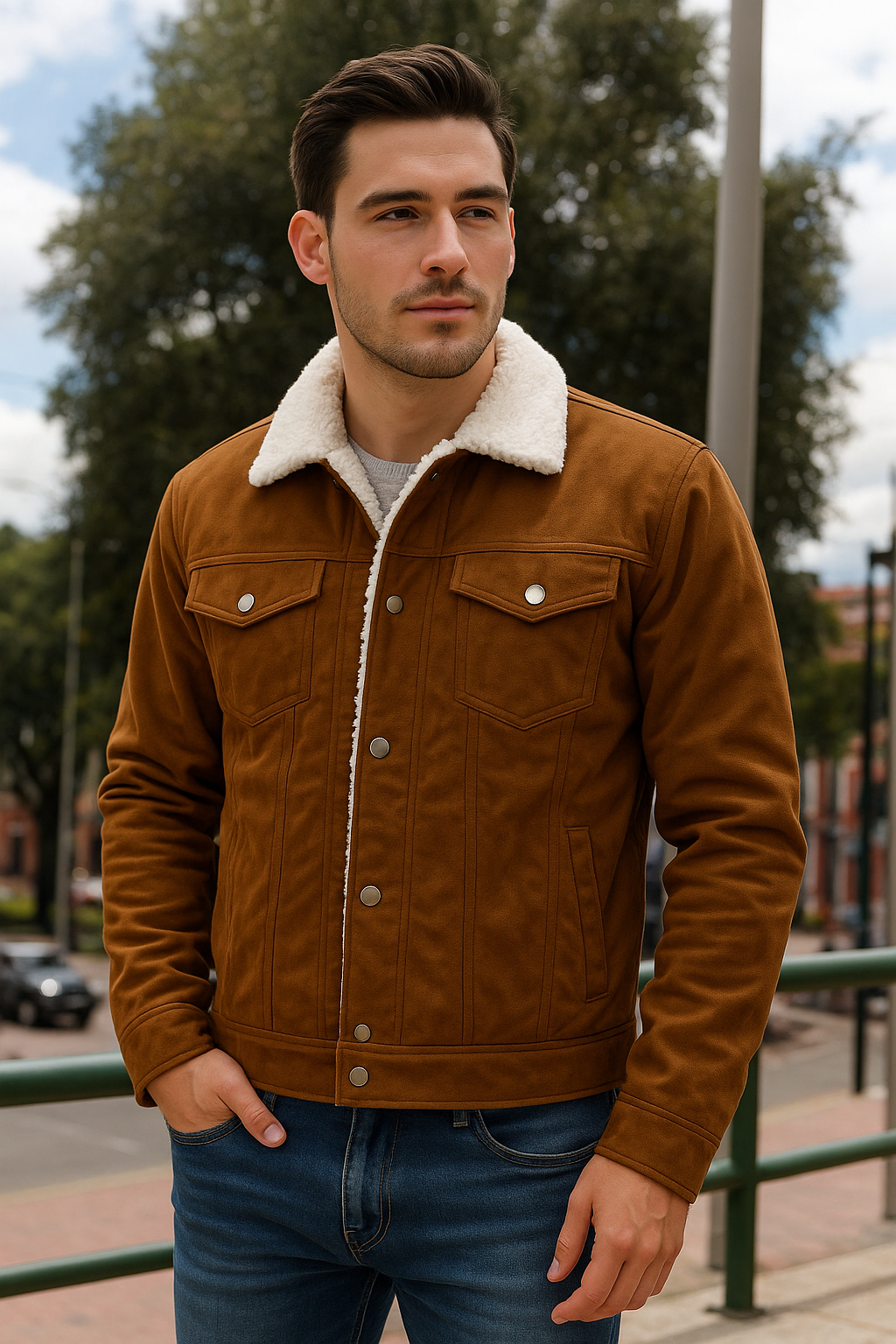 Chaqueta para mujer en gamuza suave con forro ovejero térmico. Disponible en tallas S a XL con envío rápido en Colombia. Ideal para clima fresco.