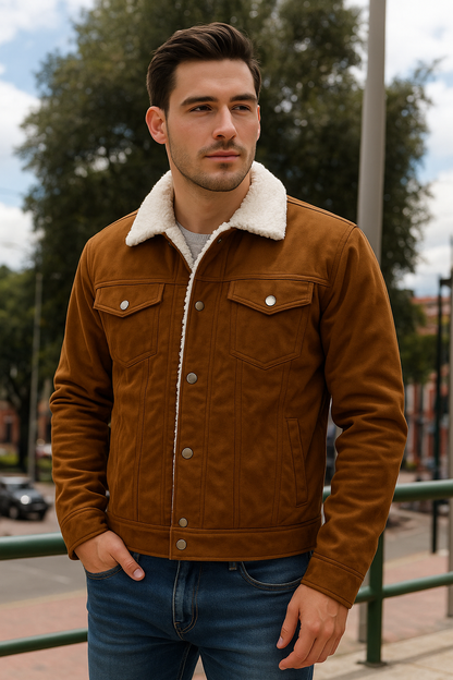 Chaqueta para mujer en gamuza suave con forro ovejero térmico. Disponible en tallas S a XL con envío rápido en Colombia. Ideal para clima fresco.