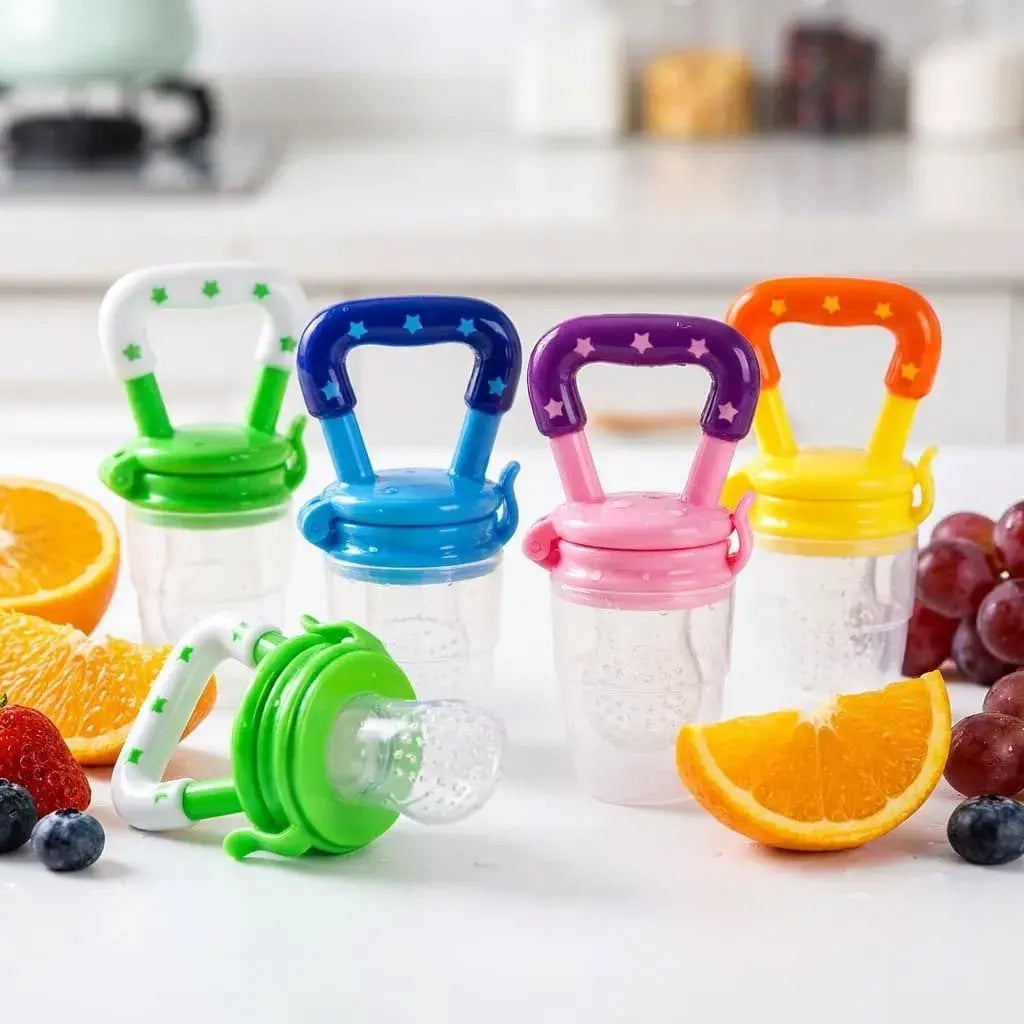 Chupo alimentador de fruta en silicona segura para bebés, libre de BPA, con malla antiahogo. Ideal para alimentación complementaria, masaje de encías y aprendizaje.